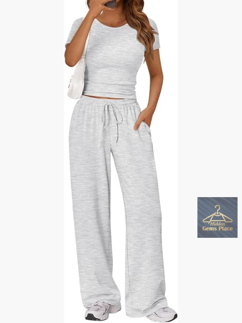 Rayon-Spandex Lounge Set with Wide Leg Pants and Crop Top, Size Medium